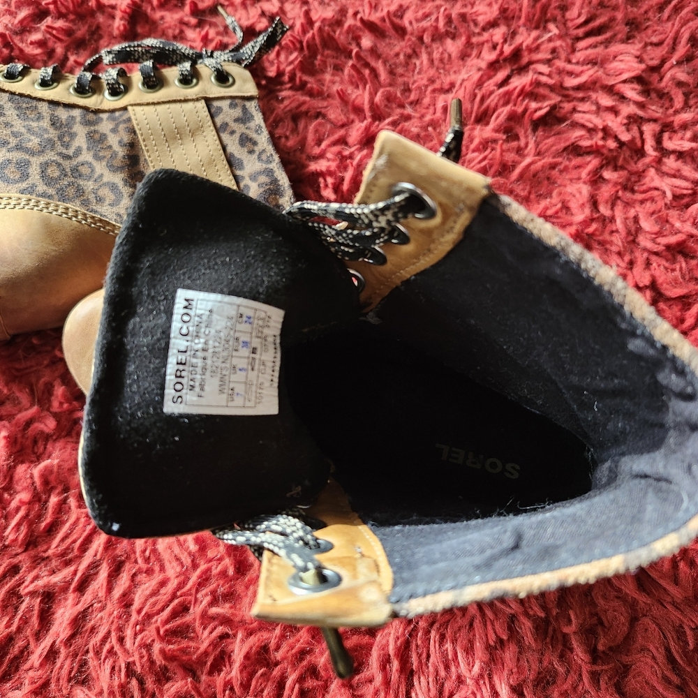 SOREL Women's Lexie Brown Leather Platform Wedge Leopard Print Booties Size 7 - Picture 13 of 16